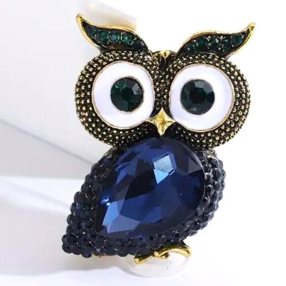 Owl Brooch Rhinestone Enamel Pin Gold Gems Choose Color Red Blue Lapel Big Eyes - Picture 3 of 4